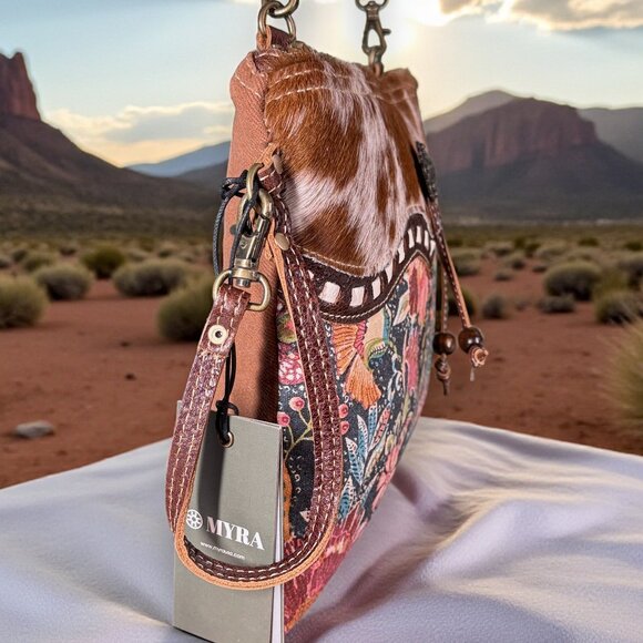 Myra Bag Leather & Hairon Wristlet Crossbody Bag "Dusa" - New - Picture 8 of 15